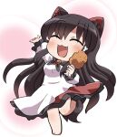  1girl :3 :d ^_^ animal_ear_fluff animal_ears arm_up barefoot black_hair blush boned_meat breasts brooch chibi chibi_only closed_eyes commentary_request dress fang food frilled_dress frills full_body highres holding holding_food imaizumi_kagerou jewelry long_hair meat open_mouth red_dress rokugou_daisuke signature smile solo standing standing_on_one_leg tail touhou two-tone_dress white_dress wolf_ears wolf_girl wolf_tail 