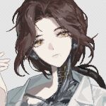  1girl android brown_hair cable closed_mouth fake_transparency hand_up highres looking_at_viewer lucy_(reverse:1999) metal_skin mole mole_under_mouth pelly.k pixel_art portrait reverse:1999 robot_ears robot_girl shirt short_hair solo white_shirt yellow_eyes 