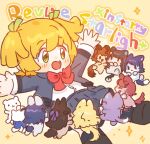  1girl 6+girls :< :d aijou_karen animal animalization arm_up artist_name black_hair black_shoes black_socks blonde_hair blue_hair blush bow cat chibi closed_mouth commentary_request copyright_name crown_hair_ornament daiba_nana facing_away glasses green_eyes green_ribbon grey_hair grey_skirt hair_bow hair_ornament hair_ribbon hairclip hanayagi_kaoruko hand_up hoshimi_junna isurugi_futaba jacket kagura_hikari long_hair looking_at_another lying miniskirt multiple_girls on_back open_clothes open_jacket open_mouth orange_background outstretched_arms pleated_skirt profile purple_bow red_hair ribbon saijou_claudine school_uniform seishou_music_academy_uniform shirt shoes short_hair short_twintails shoujo_kageki_revue_starlight sitting skirt smile socks solid_oval_eyes sparkle sparkle_hair_ornament stuffed_animal stuffed_cat stuffed_toy surrounded teddy_bear tendou_maya tsuyuzaki_mahiru twintails two_side_up wavy_hair white_shirt xinstarry 