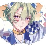  1boy animal_ears animal_hands bear_ears belt belt_buckle belt_collar buckle claws closed_mouth collar collared_shirt commentary_request curtained_hair ensemble_stars! gloves green_hair hair_between_eyes heart heart_sticker highres kuma_kuma_resq_(ensemble_stars!) looking_at_viewer male_focus orange_belt paw_gloves piiro_(m_mopipu) purple_eyes shirt short_hair smile solo sticker tomoe_hiyori 