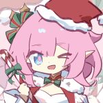  >_o 1girl blue_eyes breasts candy candy_cane chibi chibi_only chinese_commentary commentary_request elf elysia_(honkai_impact) elysia_(miss_pink_elf)_(honkai_impact) elysia_(xmas_cottage)_(honkai_impact) food hat holding holding_candy holding_candy_cane holding_food honkai_(series) honkai_impact_3rd long_hair looking_at_viewer official_alternate_costume one_eye_closed pink_hair pointy_ears red_hat santa_cape santa_hat shirt solo ticra white_shirt 