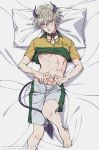  1boy abs bed_sheet black_collar blonde_hair blush brown_eyes clothes_lift collar collarbone collared_shirt commentary_request demon_boy demon_horns demon_tail fingernails foot_out_of_frame four-finger_heart_hands from_above green_shirt green_shorts hair_between_eyes head_on_pillow heart heart-shaped_pupils heart_hands highres horns knee_up looking_at_viewer looking_up male_focus navel omanjumaturi1 pale_skin parted_bangs parted_lips pillow raised_inner_eyebrows ribs shiraishi_kuranosuke shirt shirt_lift short_hair short_sleeves shorts solo sportswear symbol-shaped_pupils tail tearing_up tennis_no_ouji-sama tennis_uniform toned toned_male translation_request two-tone_shirt two-tone_shorts white_shorts yellow_shirt 