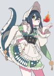  1girl :o apron bare_shoulders black_corset blush bonnet breath_weapon breathing_fire collar colored_inner_hair commentary_request corset cowboy_shot crossed_bangs detached_sleeves fire floral_print floral_print_kimono flower-shaped_pupils flower_knot frilled_bonnet frilled_collar frilled_skirt frills green_eyes green_hair green_kimono green_ribbon green_tail grey_background hair_ribbon hand_on_own_hip hand_up highres japanese_clothes kimono kimono_skirt lizard_tail long_hair long_sleeves looking_at_viewer maid_apron multicolored_hair neck_ribbon nijisanji obiage obijime parted_lips print_kimono ribbon simple_background skirt solo standing symbol-shaped_pupils tail tail_under_clothes tassel togawa_nonoha umbfkfk virtual_youtuber waist_apron white_bonnet white_ribbon white_sleeves 