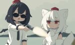  2girls animal_ears black_necktie black_wings blurry blurry_background blush closed_mouth collared_shirt commentary_request depth_of_field detached_sleeves firing gun handgun hat highres holding holding_gun holding_weapon inubashiri_momiji mini_hat mini_wings multiple_girls necktie oil-paper_umbrella open_mouth outrage_(2010_movie) overcast puffy_short_sleeves puffy_sleeves red_eyes red_hat saisoku_no_yukkuri shameimaru_aya shirt short_sleeves sky sleeveless sleeveless_shirt sunglasses tail tokin_hat touhou umbrella weapon weapon_request white_hair white_shirt white_sleeves wings wolf_ears wolf_girl wolf_tail 