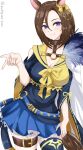  1girl air_groove_(empress_road)_(umamusume) air_groove_(umamusume) animal_ears belt blue_belt blue_eyes blue_shirt blue_skirt blush bow breasts brown_collar brown_hair cape chamumi_(mochiumee) cleavage closed_mouth collar commentary ear_bow ear_chain feathers hair_between_eyes highres horse_ears horse_girl horse_tail large_breasts linked_piercing long_hair looking_at_viewer o-ring_collar piercing sailor_collar shirt short_hair side_cape single_thighhigh skirt smile solo tail thigh_strap thighhighs umamusume white_cape yellow_bow yellow_sailor_collar 