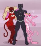2025 3_toes 4_fingers 5_fingers ann_takamaki anthro arms_bent atlus black_bodysuit black_boots black_clothing black_eyebrows black_footwear black_mask black_panther_(character) black_panther_(marvel) black_skinsuit blonde_hair blue_eyes blush bodysuit boots breasts chris-thekid cleavage closed_smile clothed clothing colored crossover digital_drawing_(artwork) digital_media_(artwork) eyebrows fake_tail feet felid female female_human fingers fist footwear fur gloves group hair half-closed_eyes hand_on_shoulder handwear heart_symbol hi_res high_heeled_boots high_heels human larger_female larger_human larger_male leaning_on_another light lighting long_hair long_tail looking_at_viewer male male_anthro male_human mammal marvel medium_breasts megami_tensei mouth_closed multicolored_body multicolored_fur muscular muscular_human muscular_male narrowed_eyes nude_anthro nude_male pantherine persona_(series) persona_5 pink_background pink_body pink_clothing pink_fur pink_gloves pink_handwear pink_nose pink_panther pink_panther_(series) pink_tail red_bodysuit red_clothing red_high_heeled_boots red_knee_boots red_mask red_skinsuit red_tongue sega shaded shoes signature simple_background size_difference skinsuit smaller_anthro smaller_female smaller_human smaller_male smile smiling_at_viewer superhero tail tan_body tan_skin tight_clothing toes tongue tongue_out trio two_tone_body two_tone_fur whiskers yellow_sclera zipper
