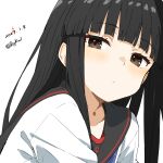  1girl absurdres bigkwl black_hair black_sailor_collar blunt_bangs blush brown_eyes closed_mouth commentary dated dated_commentary hatsuyuki_(kancolle) highres kantai_collection long_hair looking_at_viewer one-hour_drawing_challenge portrait revision sailor_collar school_uniform serafuku shirt sidelocks simple_background solo twitter_username white_background white_shirt 