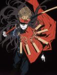 1girl black_background black_hair black_hat black_jacket black_pants buttons cape chain collared_cape fate/grand_order fate_(series) gloves gold_buttons gold_chain hair_over_one_eye hat highres jacket katana long_hair looking_at_viewer medallion military_hat moyanwxy oda_nobunaga_(fate) oda_uri over_shoulder pants peaked_cap red_cape red_eyes sheath sheathed simple_background smile solo sword sword_over_shoulder weapon weapon_over_shoulder white_gloves 