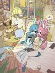  2girls animal_ears bedroom black_bra blue_hair blush body_fur bottomless bra bra_lift breasts candle candy cellphone charging_device chimecho clothes_lift coffee_mug cup diglett dolphin_shorts eevee fang food furry furry_female furry_with_furry glaceon grabbing_another's_breast grabbing_from_behind grey_shirt grey_shorts groping highres hitachi_magic_wand indoors key klefki lamp litwick long_hair looking_at_another mike_no_hito mug multiple_girls oddish off-shoulder_shirt off_shoulder on_bed personification phone pikachu pillow pink_hair poke_ball pokemon poster_(object) rabbit_ears sex_toy shirt shirt_lift short_shorts short_sleeves shorts slippers small_breasts smartphone sweatdrop sylveon tail tandemaus thermometer toes underwear unworn_slippers vibrator window yellow_shirt yuri 