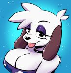 anaugi animal_humanoid anthro beagle big_breasts breasts bust_portrait canid canid_humanoid canine canine_humanoid canis choker clothing dog_humanoid domestic_dog dress eyelashes female humanoid hunting_dog jewelry looking_at_viewer mammal mammal_humanoid necklace pac-man_(series) portrait purple_clothing purple_dress purple_eyelids roxy_boxen scent_hound smile solo tongue tongue_out