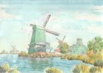  blue_sky building commentary_request netherlands no_humans original painting_(medium) paruperu real_world_location reflection scenery simple_bird sky traditional_media tree water watercolor_(medium) windmill 