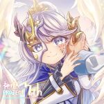  1girl commentary_request dmm grey_eyes grey_hair hands_on_another's_face hands_on_another's_hands highres kamihime_project long_hair mask och_(kamihime_project) patterned ponytail smile wings 