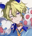  1boy animal_ears animal_hands bear_ears belt belt_buckle belt_collar buckle claws closed_mouth collar collared_shirt commentary curtained_hair ensemble_stars! gloves green_hair hair_between_eyes hands_up heart highres kuma_kuma_resq_(ensemble_stars!) looking_at_viewer male_focus nozz177 one_eye_closed orange_belt paw_gloves portrait purple_eyes shirt short_hair simple_background smile solo symbol-only_commentary tomoe_hiyori 
