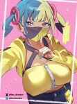  1girl belt black_belt black_hair black_mask blonde_hair blue_hair blue_nails bluesky_username breasts canari_(pokemon) cleavage commentary_request juurouta multicolored_hair multicolored_nails pink_background pokemon pokemon_legends:_z-a polka_dot polka_dot_background split-color_hair twitter_username two-tone_mask two-tone_nails yellow_mask yellow_nails 