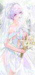  1girl absurdres alternate_costume bouquet breasts bridal_veil bride colored_inner_hair commentary_request dress flower goddess_of_victory:_nikke grey_hair highres holding holding_bouquet korean_commentary liliweiss_(nikke) mibe_(goforit_mibe) multicolored_hair pink_hair shiny_eyes solo star-shaped_pupils star_(symbol) symbol-shaped_pupils twitter_username veil wedding wedding_dress white_dress white_flower 