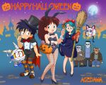  2girls 4boys ^_^ animal_ears aqua_hair bamboo_broom bare_shoulders black_bow black_bowtie black_cape black_dress black_hair black_hairband black_hat black_leotard black_shoes black_shorts blue_eyes bow bowtie broom brown_eyes brown_hair brown_shoes candy candy_cane candy_wrapper cape cat_ears cat_tail chocolate closed_eyes commentary_request copyright_name cosplay detached_collar dress fake_animal_ears fake_tail fishnet_pantyhose fishnets floating food frankenstein's_monster frankenstein's_monster_(cosplay) full_moon genji_agedama genji_tsuushin_agedama hair_bow hair_ornament hairband hairclip halloween halloween_bucket halloween_costume hand_up happy_halloween hat heike_ibuki high_heels highres holding holding_candy holding_food holding_lollipop jack-o'-lantern jacket kiki_(majo_no_takkyuubin) kiki_(majo_no_takkyuubin)_(cosplay) kuki_rei leotard lollipop long_hair looking_at_another looking_down majo_no_takkyuubin mizutani_kenta moon multiple_boys multiple_girls mummy_costume night non-humanoid_robot orange_thighhighs outdoors panda pants pantyhose pc-rou playboy_bunny ponytail pumpkin rabbit_ears red_bow red_bowtie red_cape robot satou_(agedama) shirt shoes short_hair shorts skirt_hold standing star_(sky) strapless strapless_leotard striped_clothes striped_thighhighs sunglasses suspenders suzuki_(agedama) swirl_lollipop tail tanaka_(agedama) thighhighs top_hat two-sided_cape two-sided_fabric vampire_costume warpro_(genji_tsuushin_agedama) werewolf_costume white_shirt wrist_cuffs zombie_costume 