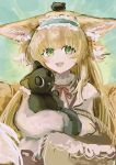  1girl :d absurdres animal animal_ears arknights babu_don_(don_10_13) basket black_cat blonde_hair blue_hairband brown_cardigan cardigan cat commentary_request crossover fox_ears fox_girl fox_tail frilled_hairband frills green_eyes hairband heixiu highres holding holding_animal holding_cat kitsune kyuubi long_hair looking_at_viewer luo_xiaohei luo_xiaohei_(cat) multiple_tails neck_ribbon official_alternate_costume open_mouth red_ribbon ribbon sketch smile solo suzuran_(arknights) suzuran_(spring_praise)_(arknights) tail teeth the_legend_of_luo_xiaohei upper_teeth_only 