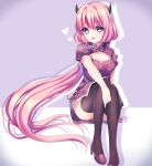  1girl :p absurdres arm_at_side arm_support artist_name bare_arms black_horns blue_eyes breasts cleavage cleavage_cutout closed_mouth clothing_cutout collarbone commentary convenient_leg demon_girl demon_horns dress english_commentary floral_print floral_print_dress full_body hair_between_eyes hand_on_own_leg heart high_heels highres horns invisible_chair long_hair looking_at_viewer low_ponytail no_pupils original petite pink_hair ponytail print_dress puffy_short_sleeves puffy_sleeves purple_background purple_dress purple_shoes ribbon ribbon-trimmed_dress ribbon_trim rina_(sasucchi95) sasucchi95 shoes short_dress short_sleeves side_slit simple_background sitting small_breasts small_horns smile solo tareme thighhighs tongue tongue_out turning_head turtleneck turtleneck_dress two-tone_background very_long_hair vignetting white_background white_ribbon white_trim zettai_ryouiki 