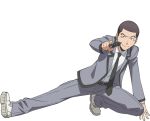  1boy aiming aiming_at_viewer anime_coloring ansatsu_kyoushitsu belt black_belt black_hair black_necktie closed_mouth collared_shirt full_body grey_jacket grey_pants gun handgun holding holding_gun holding_weapon jacket kunugigaoka_middle_school_uniform morita_kazuaki necktie official_art okajima_taiga pants school_uniform shirt shoes simple_background smile solo squatting tachi-e transparent_background weapon white_shirt white_shoes 