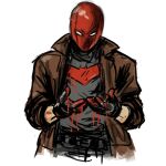  1boy bat_signal batman_(series) batman_symbol black_bodysuit black_gloves blood blood_on_hands bodysuit brown_jacket dc_comics gloves grey_bodysuit highres jacket jason_todd male_focus mask multicolored_bodysuit muscular muscular_male open_clothes pants red_hood_(dc) red_hood_and_the_outlaws red_mask superhero_costume taut_bodysuit two-tone_bodysuit zatabba 