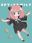  1girl :o absurdres ahoge anya_(spy_x_family) black_dress black_shoes blush_stickers bow bowtie child collarbone commentary_request copyright_name dress drop_shadow full_body green_eyes highres looking_at_viewer medium_hair open_mouth outstretched_arms peanut pink_hair richard_(richaball) shoes short_sleeves simple_background socks solo spread_arms spy_x_family white_bow white_bowtie white_socks wide_sleeves 