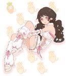  1girl animal arm_cutout arm_ribbon bare_shoulders beads brown_hair carrot_costume cat cat_background clothed_animal clothing_cutout colored_shadow commentary_request cross-laced_clothes cross-laced_dress dot_nose dress eyelashes frilled_dress frilled_thigh_strap frills full_body fur_wrist_cuffs happy highres hino_(8) hugging_own_leg knees_up leg_warmers lipstick long_hair looking_at_viewer low_twintails makeup momo_(nikki) nail_polish nikki_(series) no_headwear official_alternate_costume outline parted_lips pink_eyes pink_lips pink_nails pink_ribbon platform_shoes pom_pom_(clothes) ribbon scarf shadow shining_nikki shoes short_dress smile solo strapless strapless_dress teeth thigh_strap twintails wavy_hair whispers_of_cuteness_(shining_nikki) white_arm_warmers white_background white_dress white_leg_warmers white_outline white_ribbon white_scarf white_shoes white_wrist_cuffs wrist_cuffs wrist_ribbon 