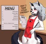 absurd_res annoyed anthro apron apron_only blush body_blush cafe canid canid_demon canine choker claws clothing demon dialogue digital_drawing_(artwork) digital_media_(artwork) ear_tuft employee english_text female flat_chested fur genitals glistening glistening_genitalia glistening_thighs glistening_vulva hair hellaverse hellhound helluva_boss hi_res holding_object innie_vulva jewelry leaning leaning_on_object logo long_hair loona_(helluva_boss) makeup mammal menu menu_board mythological_canine mythological_creature mythology necklace nipples open_mouth piercing pink_nipples plump_labia portrait profanity prostitution red_eyes red_sclera remesh sharp_teeth slim solo spiked_choker standing tail teeth text thick_thighs tuft undersized_clothing vulva vulva_blush white_body white_fur