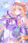  1girl absurdres bare_shoulders beret blonde_hair blue_eyes blue_sky blurry blurry_background breasts closed_mouth commentary_request cowboy_shot cross-shaped_pupils detached_sleeves dress facial_mark falling_petals forehead_mark full_moon genshin_impact hand_up hat highres large_breasts long_hair long_sleeves looking_at_viewer mixed-language_commentary moon nicole_reeyn outdoors petals sky smile solo ssamsa0404 symbol-shaped_pupils very_long_hair white_dress white_hat 