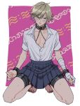  1boy averting_eyes bandaged_hand bandages barefoot bdsm belt_collar black_collar blue_skirt blush bondage border bound bound_legs brown_eyes brown_hair chained_wrists clenched_hand collar collarbone collared_shirt commentary_request crossdressing crossdressing_(mtf) full_body furrowed_brow hair_between_eyes highres kneeling looking_to_the_side male_focus miniskirt omanjumaturi1 pale_skin parted_bangs parted_lips partially_unbuttoned patterned_background pink_background pleated_skirt raised_inner_eyebrows school_uniform shiraishi_kuranosuke shirt shirt_tucked_in short_hair short_sleeves sideways_glance skirt solo spread_legs straight-on sweat tennis_no_ouji-sama white_border white_shirt 