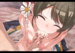  1boy 1girl breasts brown_hair censored closed_eyes collarbone commentary_request completely_nude cum cum_in_mouth cum_overflow ejaculation erere fellatio flower hair_flower hair_ornament hetero idolmaster idolmaster_shiny_colors letterboxed medium_breasts mosaic_censoring nanakusa_nichika nipples nude oral penis short_hair solo_focus unworn_clothes 
