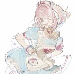  1girl ahoge apron blue_dress blue_hair blush_stickers breasts choker collared_dress dated dress fang frilled_apron frilled_dress frills hair_intakes hat heart highres idolmaster idolmaster_cinderella_girls large_breasts leaning_forward looking_at_viewer multicolored_hair nurse_cap o-ring o-ring_choker one_eye_closed open_mouth pink_choker pink_eyes pink_hair puffy_short_sleeves puffy_sleeves short_hair short_sleeves simple_background skin_fang solo standing twitter_username two-tone_hair white_apron white_background wrist_cuffs yumemi_riamu yuuinai 