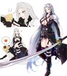  1boy 1girl armor black_coat black_gloves black_thighhighs blonde_hair breasts cleavage closed_mouth cloud_strife coat commentary_request final_fantasy final_fantasy_vii full_body genderswap genderswap_(mtf) gloves grey_hair highres holding holding_sword holding_weapon huge_weapon long_hair nemu_(ut_kakinotane) parted_bangs pauldrons sephiroth short_hair shoulder_armor simple_background smile spiked_hair sword thighhighs weapon white_background 