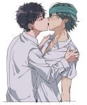  2boys adam's_apple ahoge aqua_hair aqua_headband black_hair blush brown_eyes cheating_(relationship) closed_eyes collarbone collared_shirt commentary_request cropped_torso earrings fingernails french_kiss from_side furrowed_brow hair_between_eyes hands_on_another's_shoulders headband highres hitouji_yuuji jewelry kiss leaning_back long_sleeves looking_at_another male_focus multiple_boys multiple_piercings omanjumaturi1 parted_bangs partially_unbuttoned raised_inner_eyebrows shirt short_hair short_sleeves shy sideburns simple_background sweat tennis_no_ouji-sama very_short_hair white_background white_shirt wispy_bangs yaoi zaizen_hikaru 