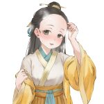  1girl aesice blush chinese_clothes downturned_eyes forehead grey_eyes hair_bun hair_ornament hair_pulled_back hair_ribbon hair_stick half_updo hanfu highres hot jacket jiaoling_ruqun legend_of_mortal long_hair long_sleeves looking_at_viewer open_mouth parted_hair ribbon shirt simple_background single_hair_bun skirt smile solo straight_hair sweat tareme very_sweaty wei_ju white_background white_shirt wide_sleeves yellow_jacket yellow_skirt 