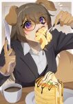  1girl absurdres animal_ears animal_nose blush body_fur border buttons chocolate_syrup claws coffee collared_shirt commentary_request cup dog_ears dog_girl dog_tail eating eyelashes fangs floppy_ears food fork furry furry_female glasses hair_between_eyes highres holding holding_fork ice_cream jacket knife konazarame lapels office_lady open_mouth original outside_border pancake pancake_stack plate purple_eyes shirt solo suit suit_jacket sweatdrop tail white_border 