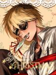  1boy black_hair black_shirt blonde_hair chinese_commentary collared_shirt commentary_request facial_hair goatee_stubble highres hikaru_ga_shinda_natsu looking_at_viewer male_focus merry_christmas mouth_hold multicolored_hair object_in_pocket osirisaldington pen_in_pocket pocket red_eyes red_ribbon ribbon ribbon_around_body roots_(hair) shirt short_hair solo stubble sunglasses tanaka_(hikaru_ga_shinda_natsu) teeth_hold white_shirt 