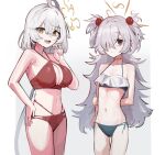  2girls :d ahoge bare_shoulders bikini blue_archive breasts cellphone commentary_request eri_(blue_archive) eyeball_hair_ornament fluffy_hair grey_hair hair_between_eyes hair_ornament hair_over_one_eye halo hand_on_own_hip highres kanoe_(blue_archive) large_breasts looking_at_viewer multiple_girls navel open_mouth orange_halo phone red_bikini simple_background smartphone smile solokitsune swimsuit teeth upper_teeth_only yellow_eyes yellow_halo 
