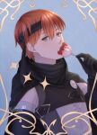  1boy artist_name black_cape black_gloves black_headband candy cape commentary_request fire_emblem fire_emblem_awakening food gaius_(fire_emblem) gloves green_eyes headband highres holding holding_candy holding_food holding_lollipop lollipop looking_at_viewer male_focus mythicat orange_hair short_hair solo 