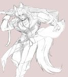 1boy animal_ears commentary dog_boy dog_ears dog_tail english_commentary highres huge_weapon jewelry komano_manato male_focus multicolored_hair muscular muscular_male necklace over_shoulder pectorals scar scar_on_chest scar_on_face shirt sword sword_over_shoulder tail w59o5 weapon weapon_over_shoulder white_shirt zenless_zone_zero 