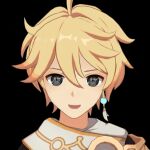  1girl aether_(genshin_impact) black_gloves blunt_ends bodystocking eyeshadow flower-shaped_pupils genshin_impact gloves gold_trim hair_between_eyes long_hair looking_at_viewer lumine_(genshin_impact) makeup mandarin_collar mihoyo multicolored_hair non-web_source red_eyeshadow solo symbol-shaped_pupils tassel vision_(genshin_impact) 