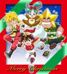  1girl 3boys ^_^ animal_costume animal_ears antlers aqua_hair armor bell black_boots black_gloves black_socks blonde_hair blue_eyes blue_pants boots bow bracelet brown_eyes brown_hair christmas christmas_ornaments christmas_tree_costume closed_eyes collar comedic_sweatdrop commentary_request cone_horns deer_ears fake_animal_ears fake_antlers fingerless_gloves fur-trimmed_headwear fur_trim gloves grin hair_bow hat highres holding holding_sack horns ikusabe_wataru jewelry long_hair looking_at_viewer low_ponytail mashin_eiyuuden_wataru merry_christmas mizutani_kenta multiple_boys neck_bell open_mouth pants ponytail red_bow red_collar red_hat red_pants red_shirt red_vest reindeer_antlers reindeer_costume sack sandals santa_costume santa_hat shinobibe_himiko shirt short_hair shoulder_armor single_horn smile socks standing star_(symbol) tabard toraou torn_sack toy_box tsurugibe_shibaraku vest white_boots white_pants white_shirt wristband 