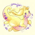  1other antennae bright_pupils colored_skin full_body goodra highres looking_at_viewer miketoevecan multicolored_skin pink_skin pokemon pokemon_(creature) purple_eyes simple_background slime_(substance) slug smile solo standing two-tone_skin white_pupils yellow_background yellow_skin 