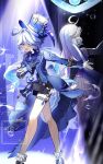  2girls absurdres ahoge aomiya_souju ascot asymmetrical_gloves black_gloves black_shorts black_vest blue_ascot blue_eyes blue_gem blue_hair blue_hat blue_jacket commentary_request dress drop-shaped_pupils feet_out_of_frame focalors_(genshin_impact) furina_(genshin_impact) gem genshin_impact gloves hair_between_eyes hair_intakes hand_on_own_chest hat heterochromia highres jacket long_hair long_sleeves mismatched_gloves mismatched_pupils multicolored_hair multiple_girls open_mouth outstretched_arm rain shorts skindentation socks spotlight streaked_hair symbol-shaped_pupils teeth thigh_strap top_hat upper_teeth_only vest watermark white_gloves white_hair white_socks 