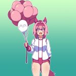  1girl animal_ears balloon bow buruma commentary ear_bow ear_covers english_commentary fingerless_gloves flower-shaped_pupils flower_in_eye gloves green_background haru_urara_(bestest_prize)_(umamusume) haru_urara_(umamusume) headband highres horse_ears horse_girl horse_tail jacket long_hair neferkitty nuko_(shoujo_shuumatsu_ryokou) open_mouth pink_buruma pink_eyes pink_hair pink_headband ponytail red_buruma red_gloves red_headband shirt simple_background smile solo symbol-shaped_pupils symbol_in_eye tail umamusume white_jacket white_shirt 