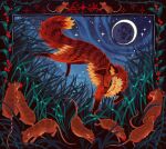 animal animal_focus berry border colored_sclera commentary crescent_moon english_commentary fox grass green_sclera highres kitty_(fernwhisker) leaf moon mouse_(animal) no_humans original ornate_border outdoors painterly signature sky star_(sky) starry_sky thorns 