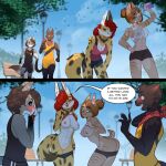 1:1 anime_nosebleed anthro areola athletic_wear bedroom_eyes bench blood blush bodily_fluids bottle bottomwear bottomwear_down bra breasts canid canine canis cleavage clothed clothing clothing_lift container covering covering_mouth covering_self digital_media_(artwork) domestic_cat english_text exercise felid feline felis female flashing flashing_breasts flashing_pussy fur genitals ghastlyfish group gym_bottomwear gym_shorts hair hair_over_eye half-closed_eyes holding_bottle holding_container holding_object jogging kerchief looking_back male male/female mammal narrowed_eyes neckerchief neckwear nipples no_underwear nosebleed one_eye_obstructed open_mouth outside park park_bench partially_clothed public public_exposure red_hair seductive shirt shorts shorts_down smile sports_bra standing tail tank_top text tongue tongue_out topwear topwear_lift underwear water wet wet_clothing wet_topwear wolf