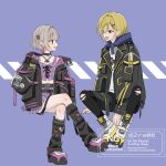  1boy 1girl 2ra08 arm_belt bat_necklace belt belt_buckle black_belt black_collar black_jacket black_leggings black_shorts black_straps blonde_hair blue_hood blunt_bangs blush boots buckle caution chain chain_necklace clothes_writing collar collarbone colored_inner_hair crop_top cross-laced_clothes cross-laced_top crossed_legs drawstring earclip fang full_body green_eyes grey_hair hair_intakes hair_ornament hair_over_one_eye hairclip hand_in_pocket highres hood hood_down hoodie invisible_chair jacket jewelry lace-up_boots lapels leggings looking_at_another loose_belt makaino_ririmu makaino_ririmu_(6th_costume) midriff miniskirt multicolored_hair multicolored_hair_bobbles multiple_belts navel necklace nijisanji no_headwear notched_lapels o-ring o-ring_collar o-ring_thigh_strap open_belt open_clothes open_jacket open_mouth parted_lips pendant pink_belt pink_hair pink_jacket pink_skirt pink_streaks plaid_clothes plaid_skirt pleated_skirt pocket pointy_ears print_hoodie profile purple_background red_eyes shoelaces short_hair shorts side-by-side simple_background sitting skin_fang skirt sleeves_past_wrists spiked_collar spikes streaked_hair studded_belt thigh_strap torn_clothes torn_leggings twitter_username two-sided_fabric two-sided_jacket two-tone_hair two_side_up unbuttoned unzipped uzuki_kou uzuki_kou_(5th_costume) virtual_youtuber watermark white_boots white_hoodie wolf_cut yellow_belt yellow_trim zipper_top 