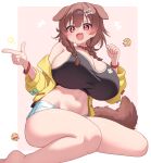  1girl animal_ears barefoot blush bone_hair_ornament bone_print border braid breasts cleavage collar commentary_request curvy dog_ears dog_girl dog_tail full_body gabai hair_ornament highres hololive huge_breasts index_finger_raised inugami_korone jacket long_sleeves looking_at_viewer navel open_mouth pink_background plump red_eyes shorts side_braids sitting solo sports_bra stomach tail twin_braids variant_set virtual_youtuber white_border white_shorts yellow_jacket 