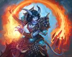armor blizzard_entertainment blue_body breasts draenei elemental_manipulation female fire fire_manipulation horn humanoid jewelry luke_mancini magic not_furry official_art pauldron pendant smile solo tail warcraft world_of_warcraft_trading_card_game