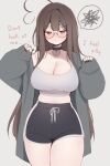  1girl ahoge black_choker black_shorts blush breasts brown_eyes brown_hair choker cleavage dolphin_shorts english_text glasses grey_background grey_jacket heart heart-shaped_lock heart_ahoge heart_choker heart_in_eye highres huge_ahoge indie_virtual_youtuber jacket large_breasts long_hair midriff shorts sky_above_me sky_above_me_(vtuber) solo spoken_squiggle squiggle symbol_in_eye tank_top white_tank_top 
